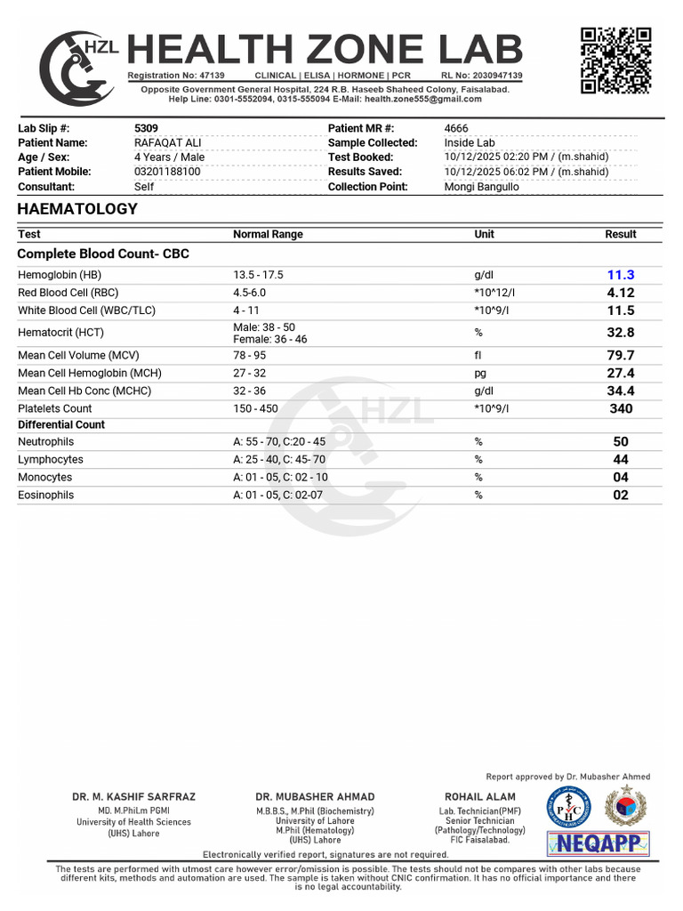 Lab Report for Rafiqat Ali - CBC Results | PDF