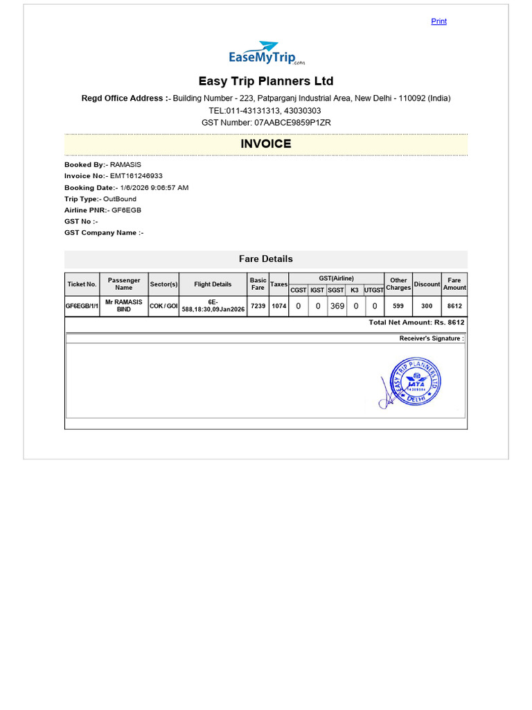 Invoice for Outbound Trip Booking | PDF