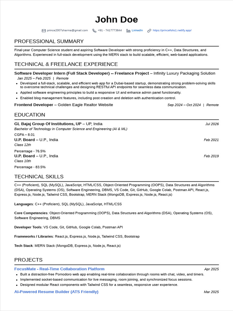 John Doe Resume | PDF | C++ | Java Script