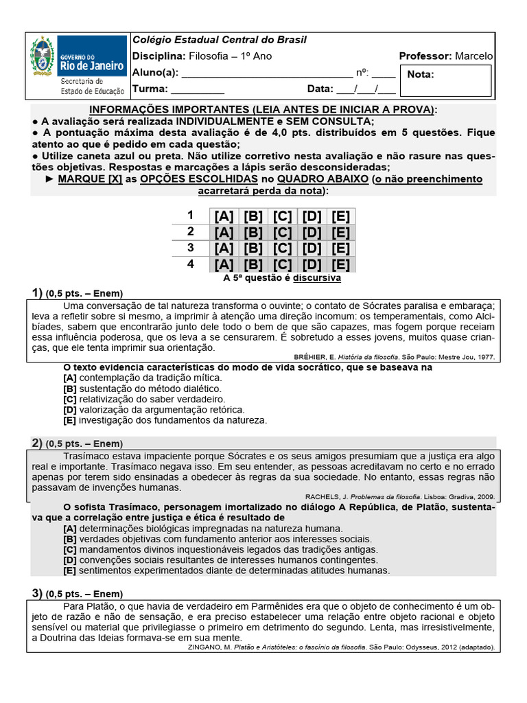 Prova de Filosofia - 1º Ano Ensino Médio | PDF | Platão | Sócrates