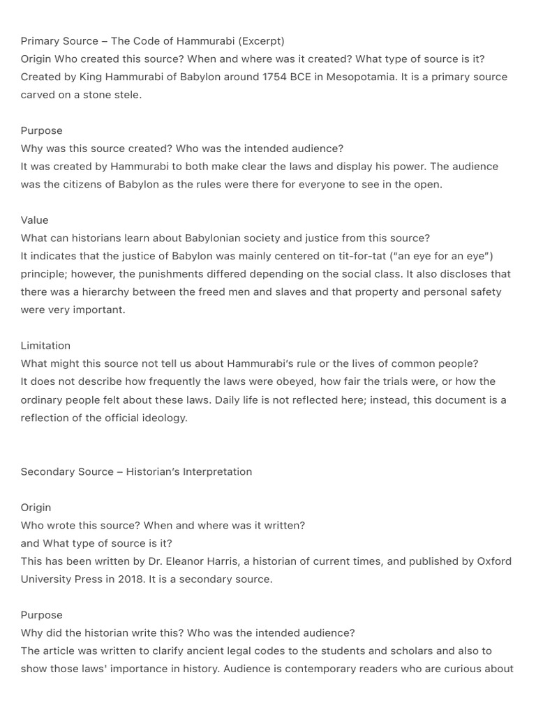 Primary ‍ ‌‍ ‍‌ ‍ ‌‍ ‍‌ Source – The Code of Hammurabi (Excerpt… | PDF ...