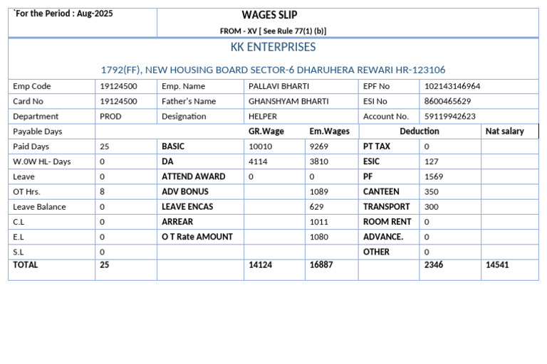 KK Enterprises Pay Slip Formate | PDF