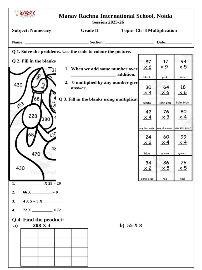 Grade II Multiplication Worksheet 2025-26 | PDF