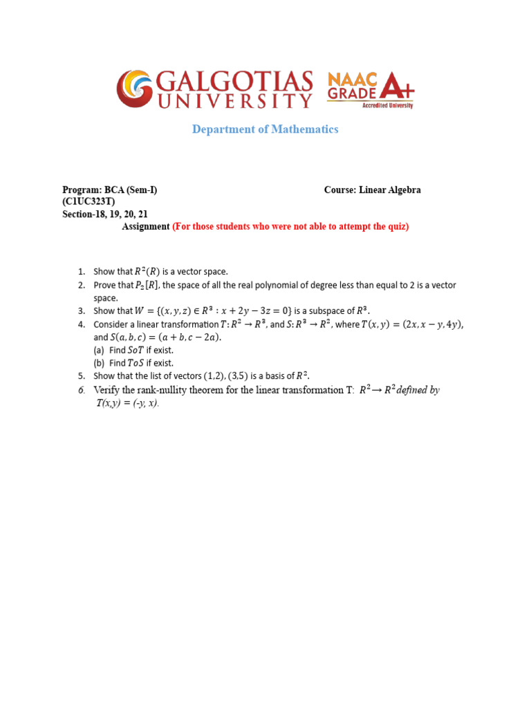 Linear Algebra Assignment for BCA Sem-I | PDF
