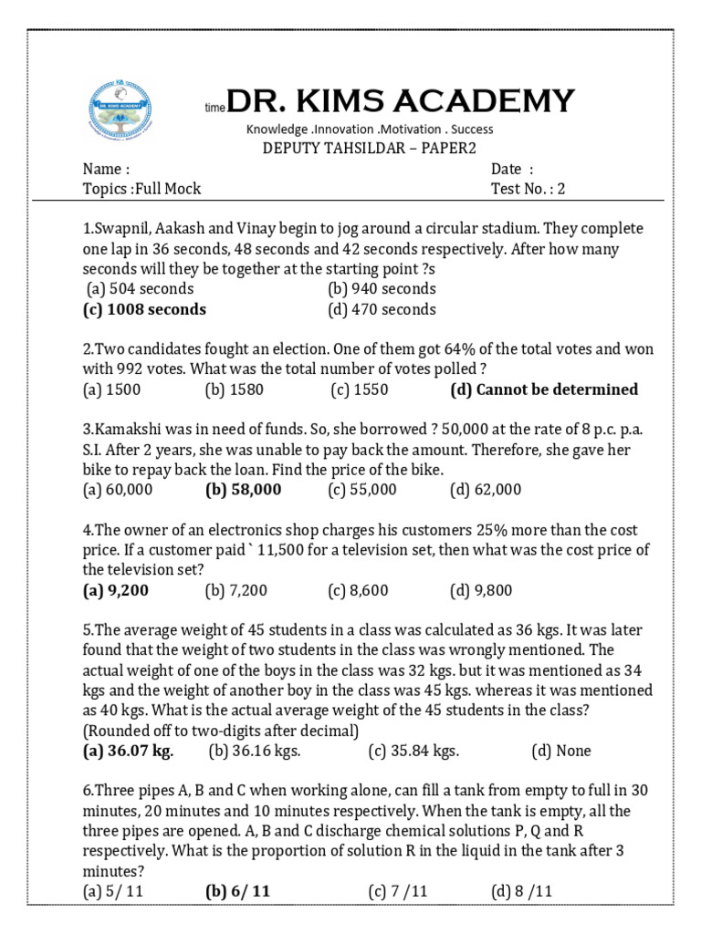 Deputy Tahsildar Exam Paper 2 Mock Test | PDF | Planets | Chemical ...