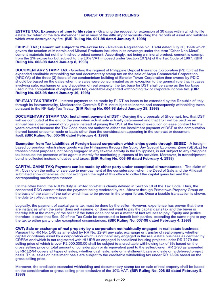 1998 BIR Tax Rulings Summary | PDF | Taxes | Capital Gains Tax