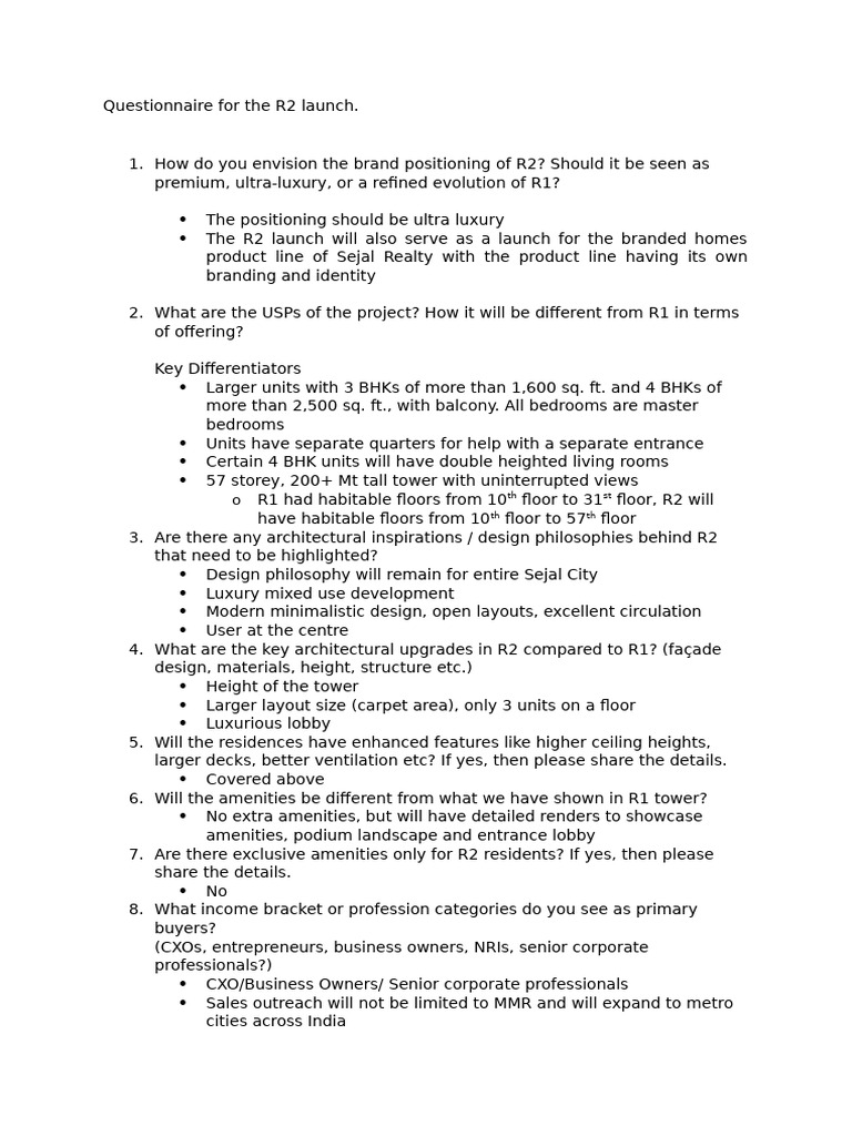 R2 Launch Questionnaire for Ultra-Luxury Homes | PDF