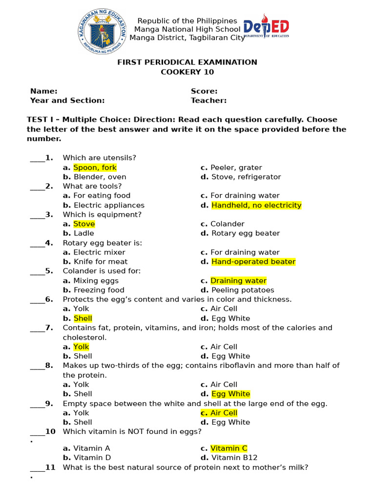 Cookery 10 Periodical Exam Guide | PDF | Starch | Foods