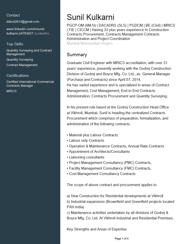 Sunil Kulkarni: Expert in Contract Management | PDF