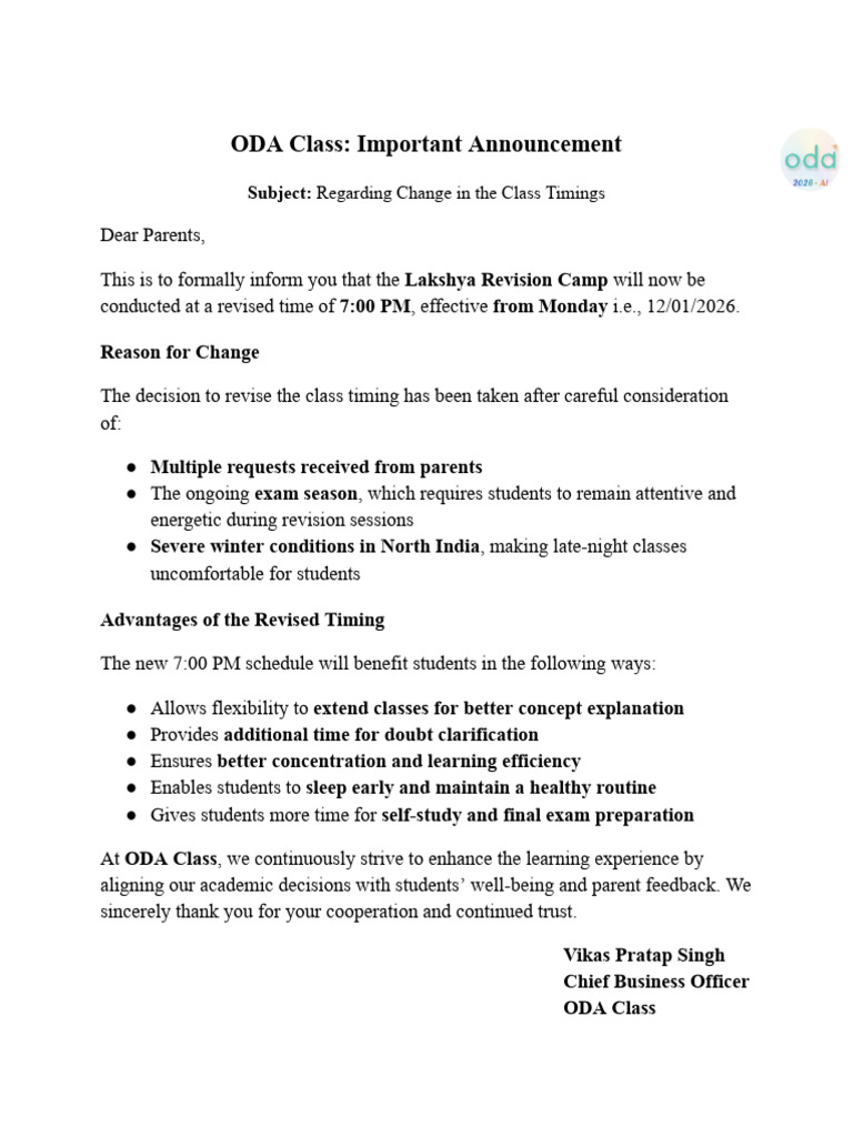 ODA Class Important Announcement | PDF
