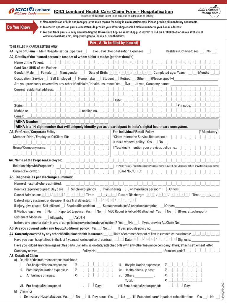 ICICI Lombard Hospitalization Claim Form | PDF | Hospital | Health Care