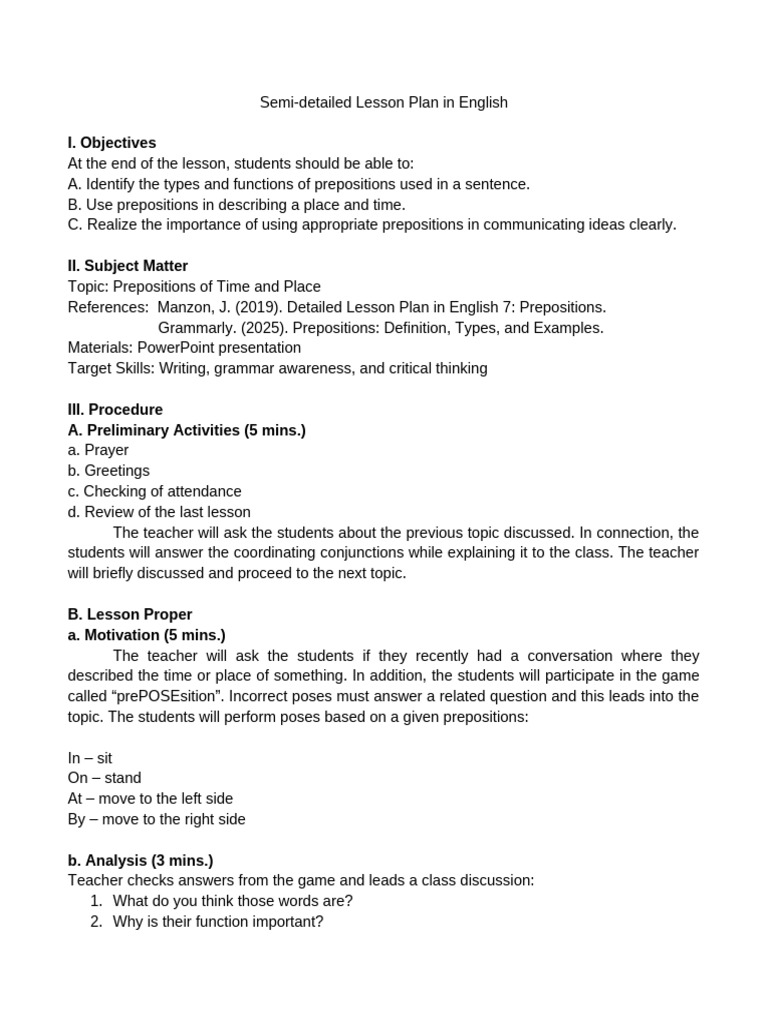 Lesson Plan: Prepositions of Time & Place | PDF | Lesson Plan | English ...