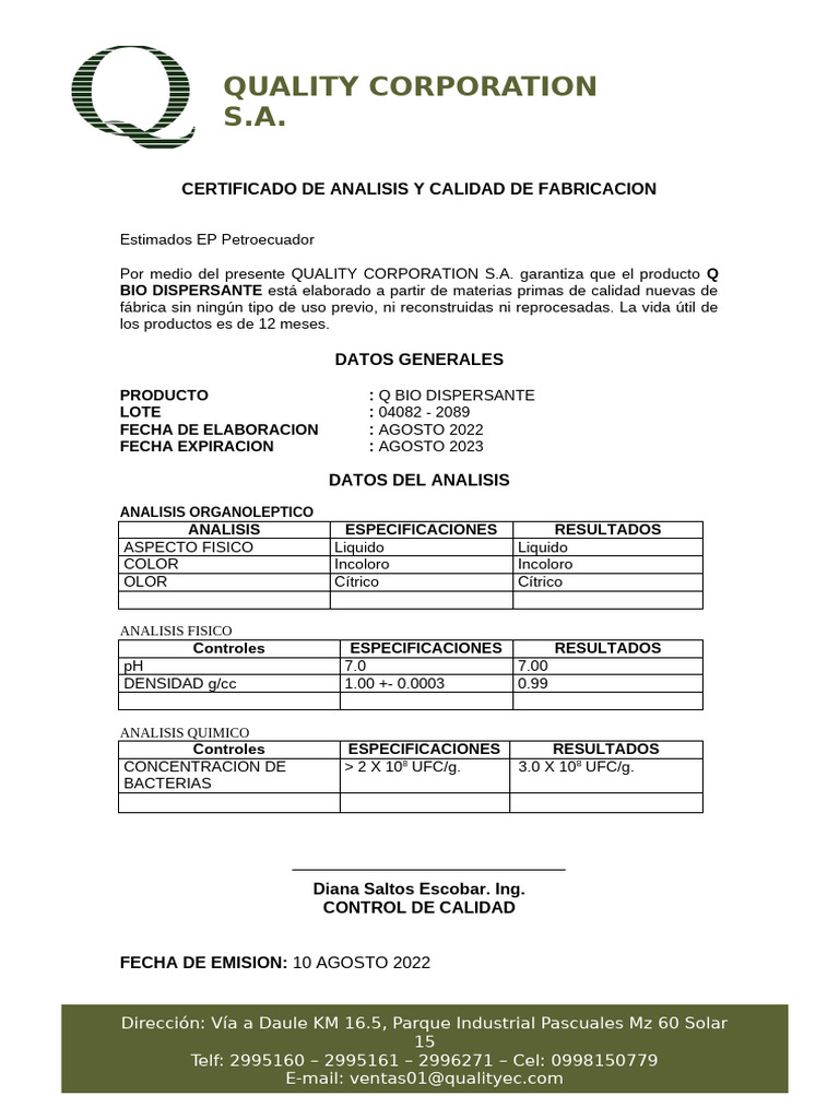 Certificado de Calidad Q Bio Dispersante | PDF