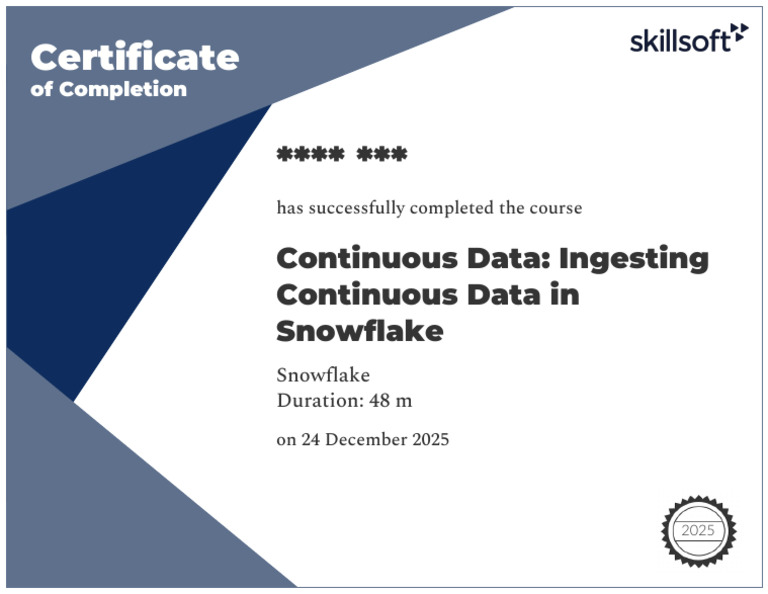 Snowflake Continuous Data Course Certificate | PDF