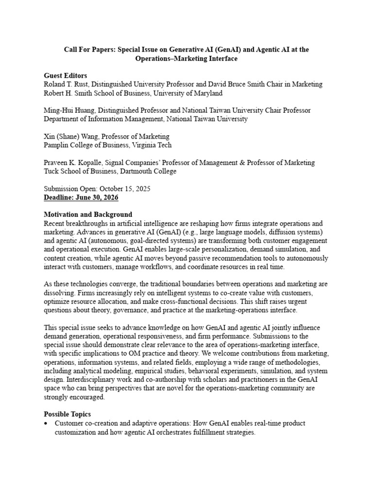 Special Issue POM-Generative AI (GenAI) and Agentic AI at the ...