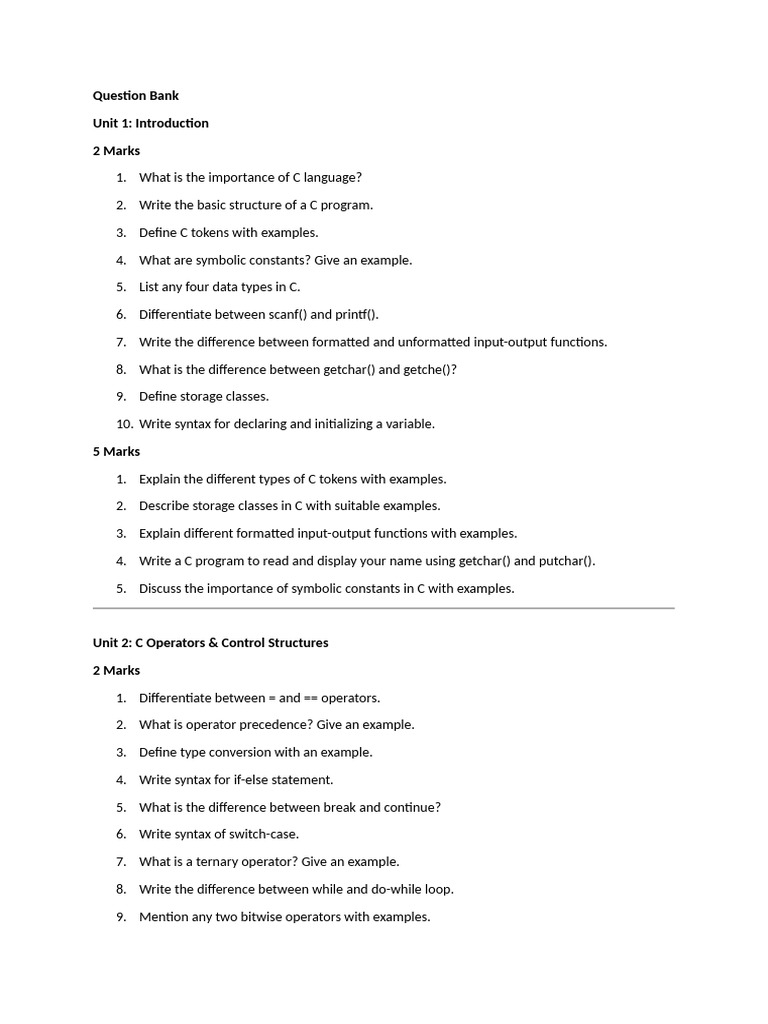 C Language Question Bank and Programs | PDF | Computer Programming ...