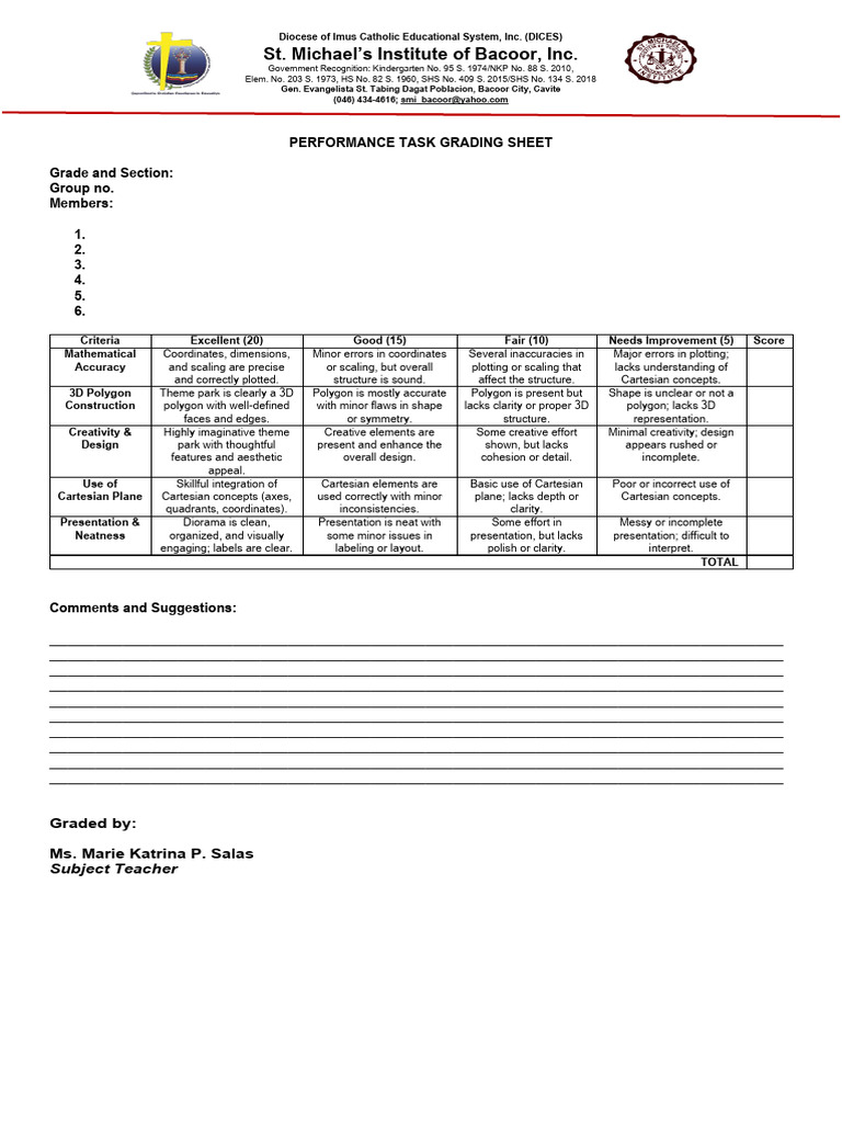 Performance Task Grading Sheet | PDF | Cartesian Coordinate System ...