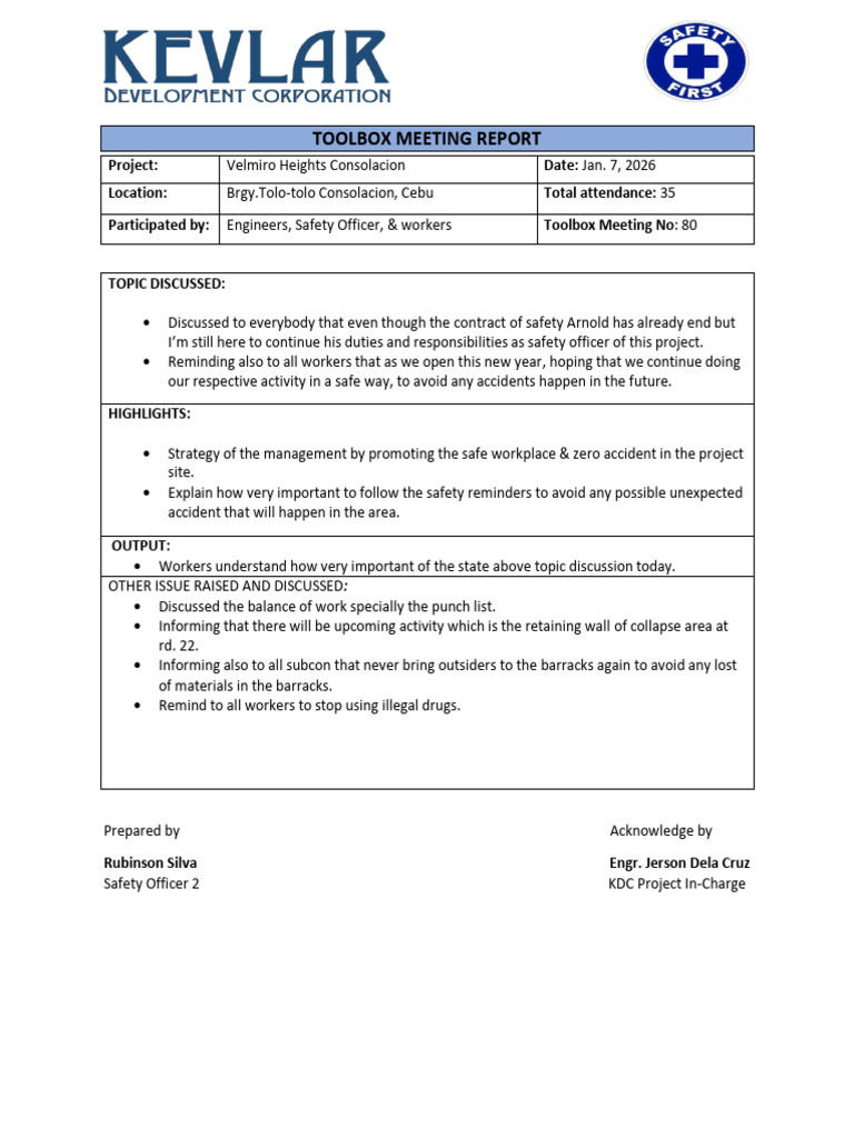 Toolbox Meeting Report - Velmiro Heights | PDF