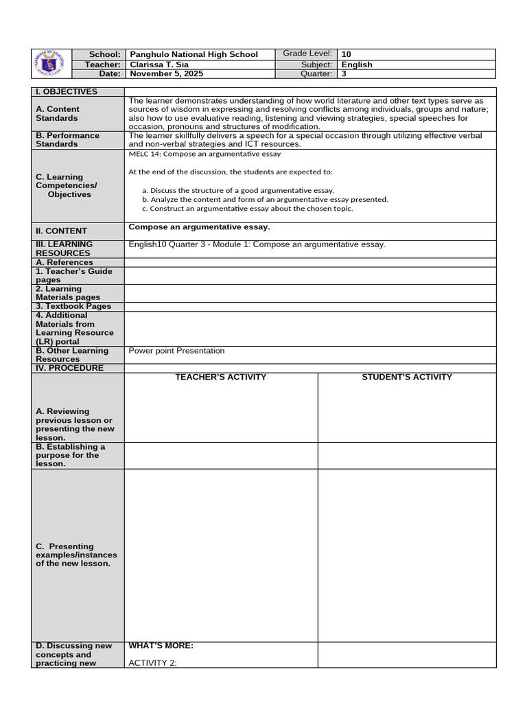 Argumentative Essay Module for Grade 10 | PDF | Cyberbullying | Essays