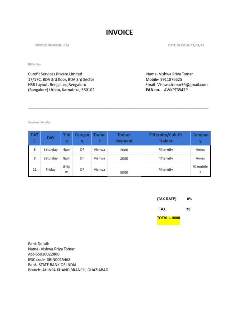 Invoice for Fitness Training Services | PDF