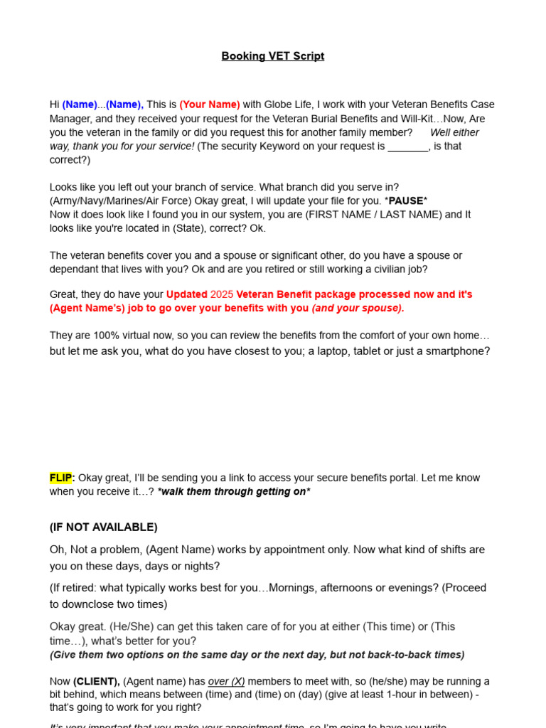VET Benefits Appointment Booking Script | PDF