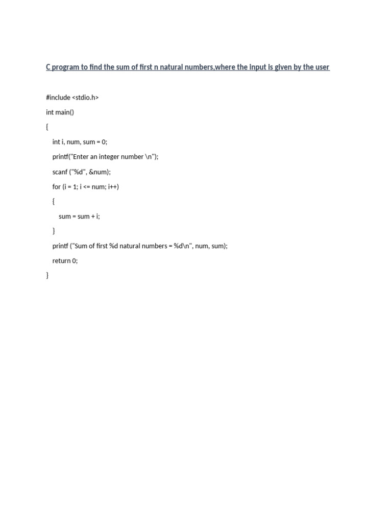 C Program to Find the Sum of First n Natural Numbers | PDF