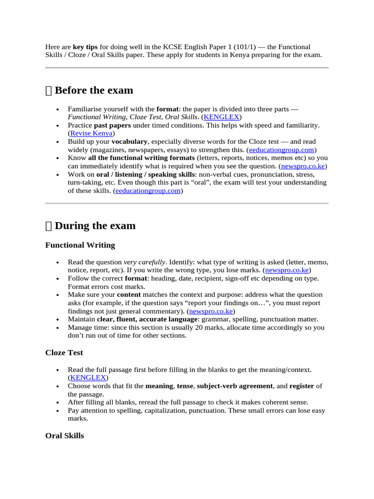 KCSE English Paper 1 Tips for Success | PDF | Nonverbal Communication ...