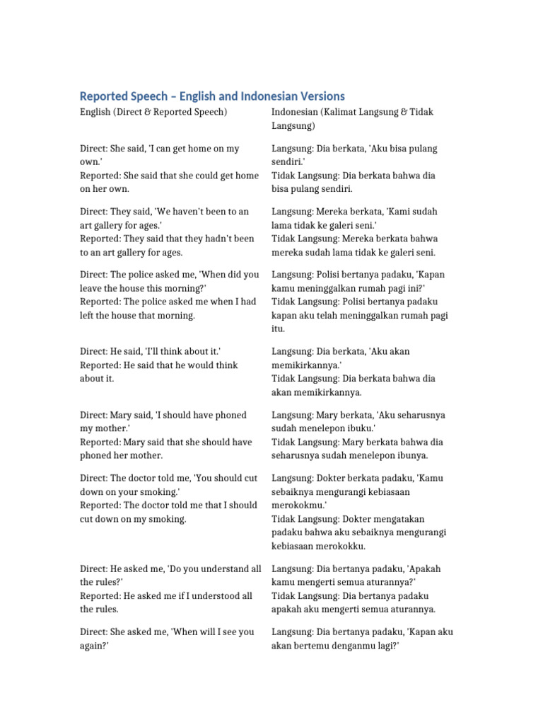 Reported Speech Bilingual Table | PDF