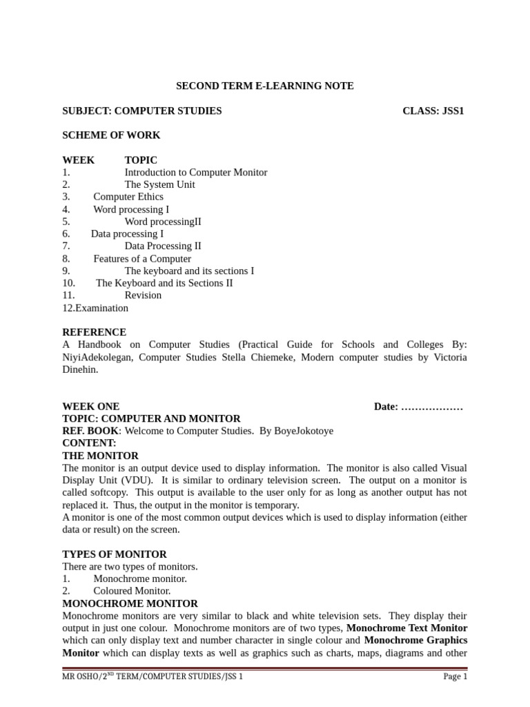 JSS1 Computer Studies E-Learning Notes | PDF | Computer Keyboard ...