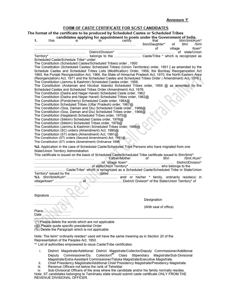 Caste Certificate Format for SC/ST/OBC | PDF | Blood Pressure