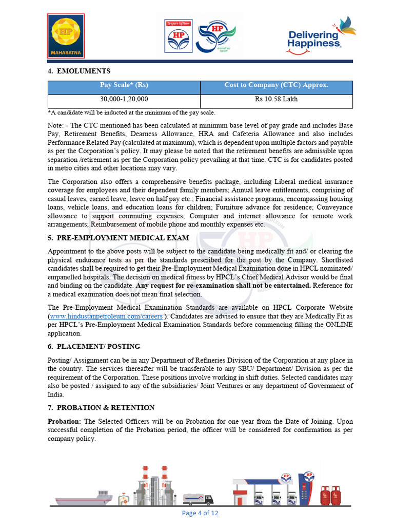 HPCL Emoluments and Employment Terms | PDF | Physical Examination