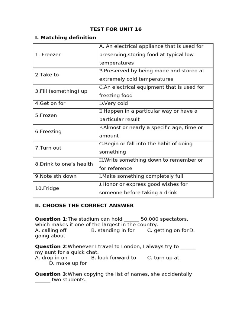 Test for Unit 16 | PDF | Refrigerator | Food And Drink Preparation