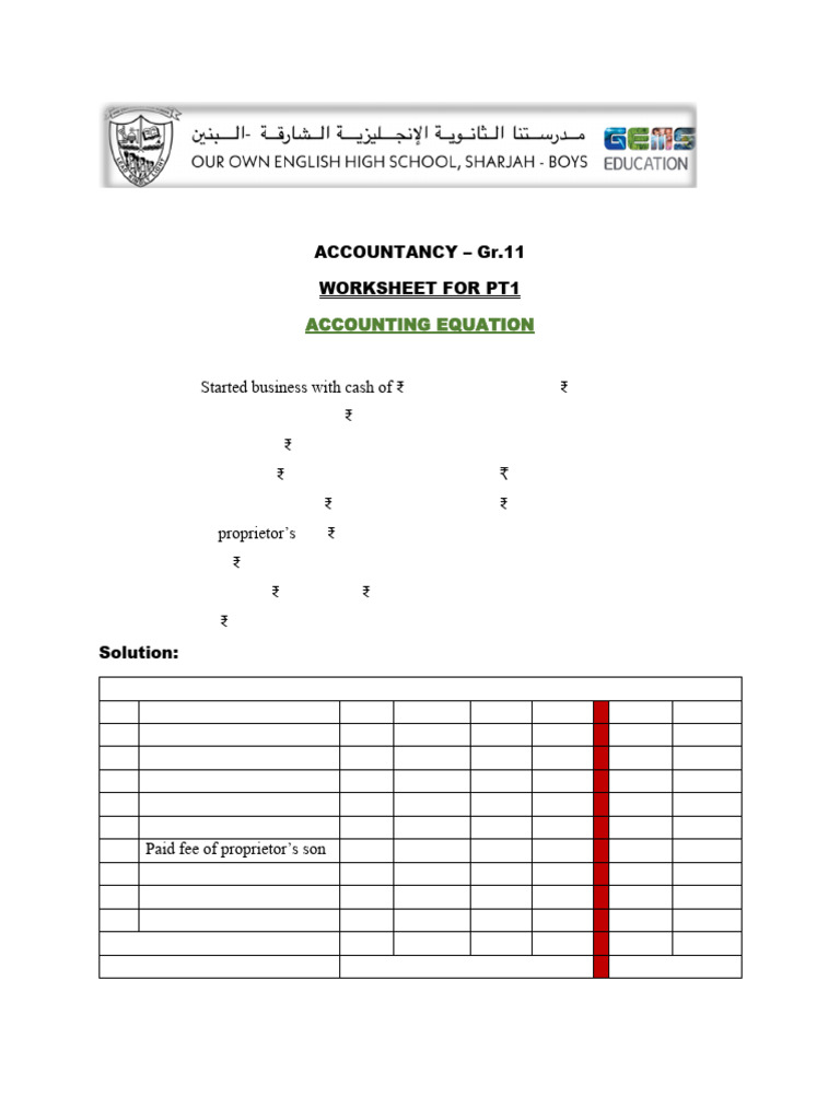 Grade 11 Accounting Equation Worksheet | PDF | Debits And Credits | Expense