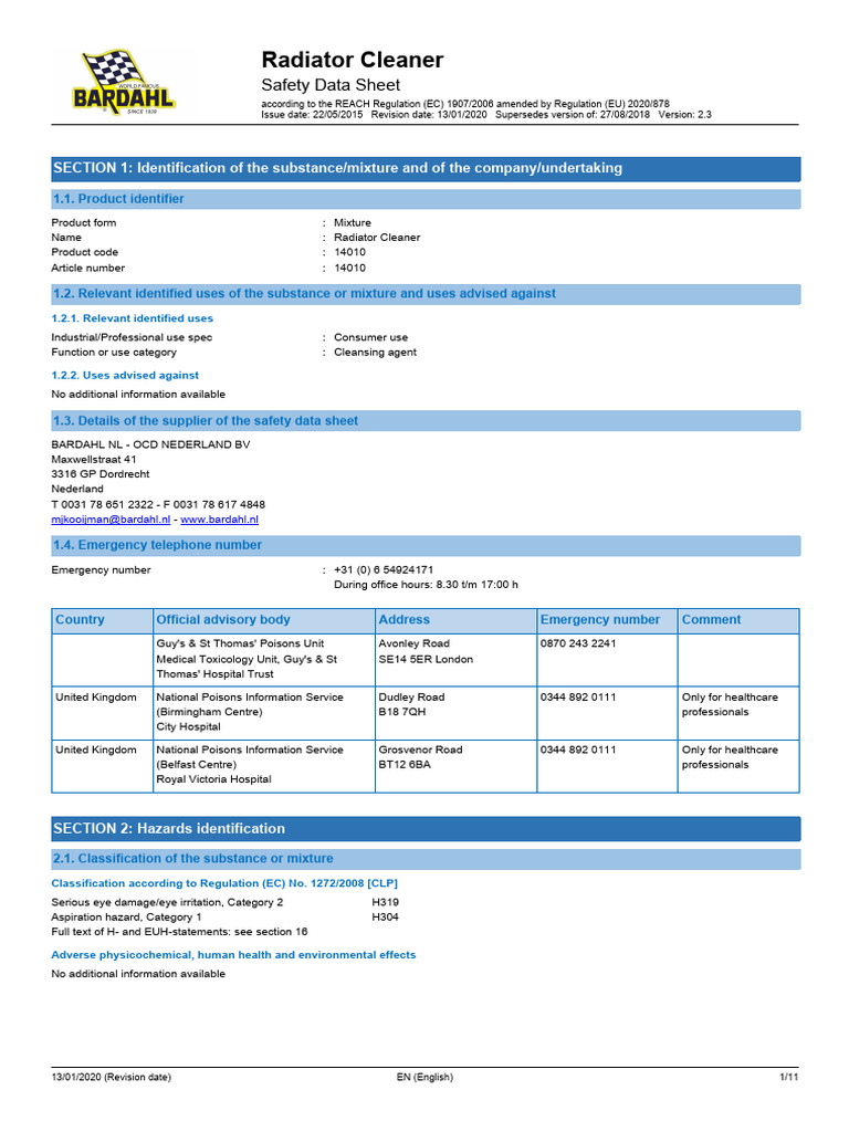 Radiator Cleaner Safety Data Sheet | PDF | Occupational Safety And ...