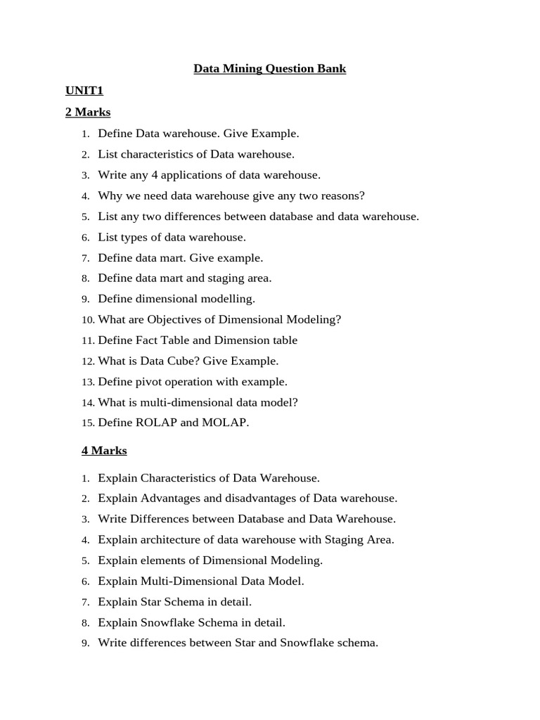 Data Mining and Data Warehouse Question Bank | PDF | Data Warehouse ...