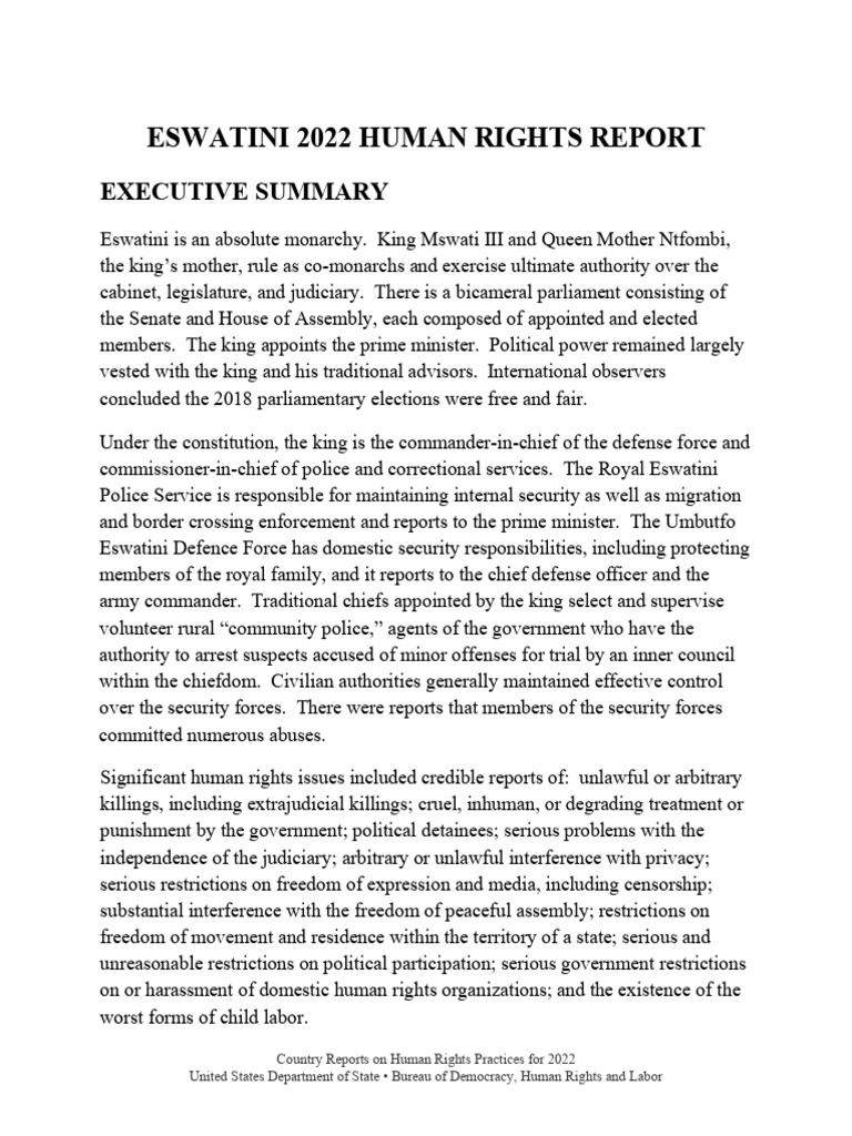 Eswatini 2022 Human Rights Report | PDF | Refugee | Prison