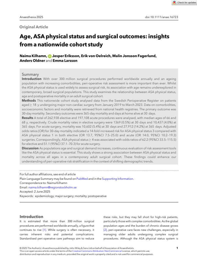 ASA Status, Age, and Surgical Mortality | PDF | Regression Analysis ...
