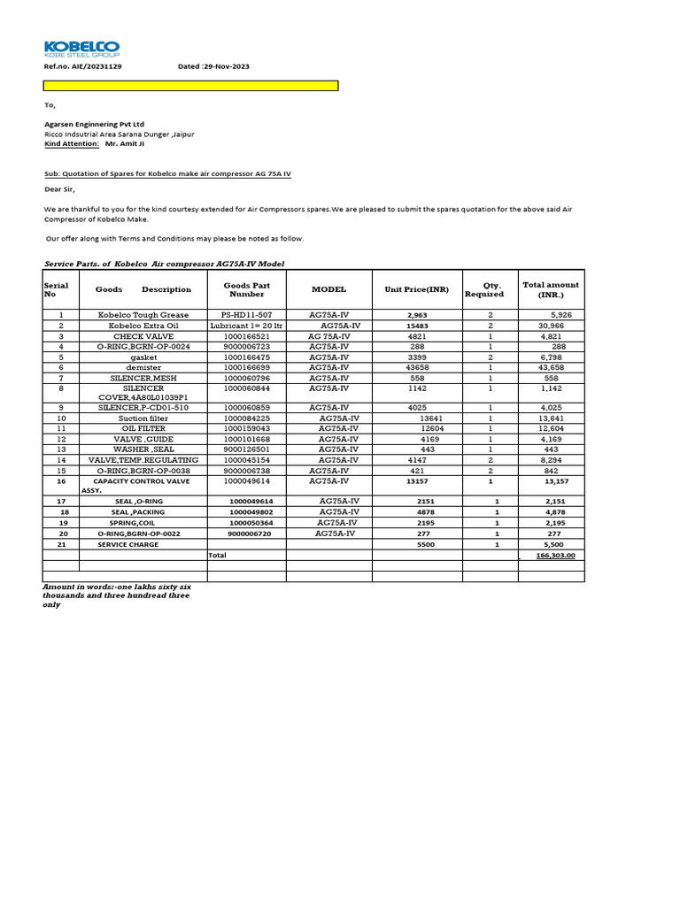 Kobelco Air Compressor AG75A-IV Quotation | PDF | Mechanical ...
