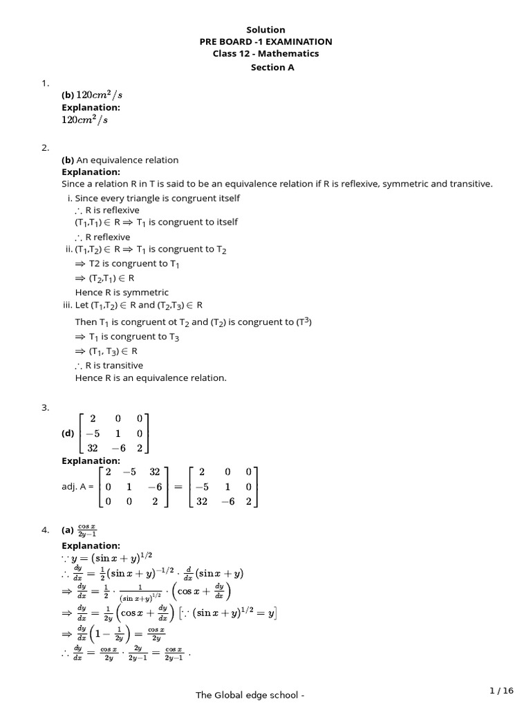 Class 12 Mathematics Pre-Board Exam Solutions | PDF | Matrix ...