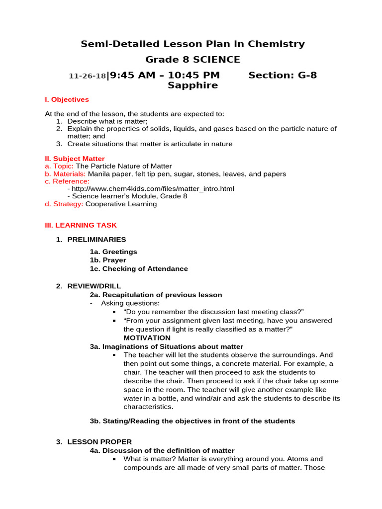 Grade 8 Chemistry Lesson Plan: Matter | PDF | Matter | Gases