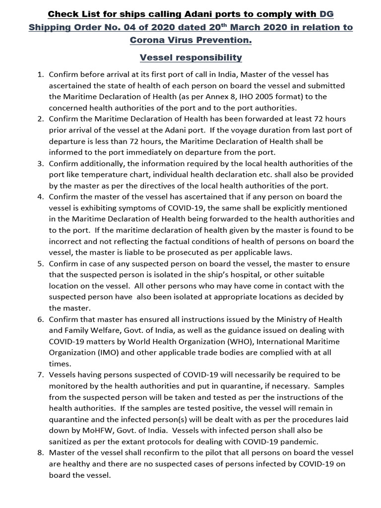 Adani Ports COVID-19 Compliance Checklist | PDF | Quarantine | Public ...