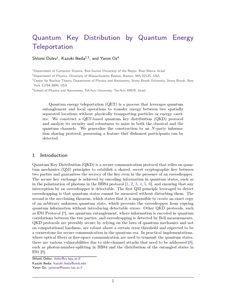 QKD by Quantum Energy Teleortation | PDF | Quantum Entanglement ...