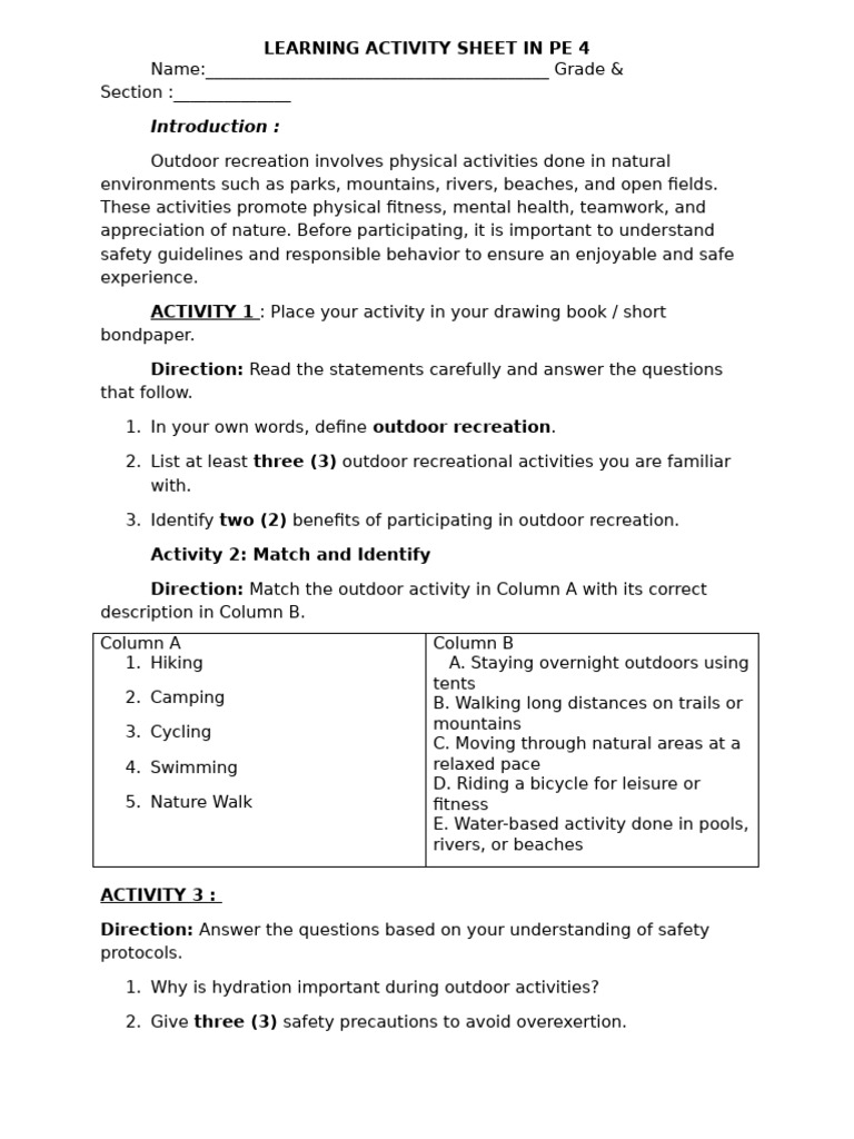 PE 4 Activity Sheet Jan.12 15 | PDF