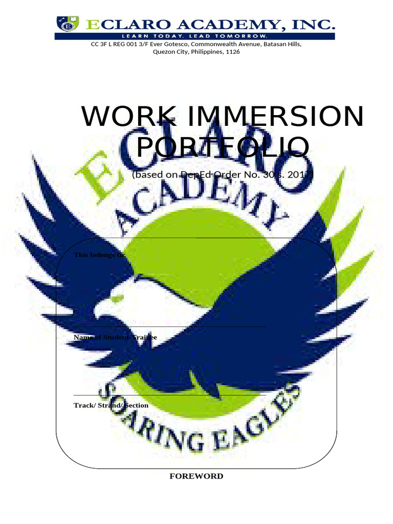 Senior High School Work Immersion Portfolio | PDF | Curriculum