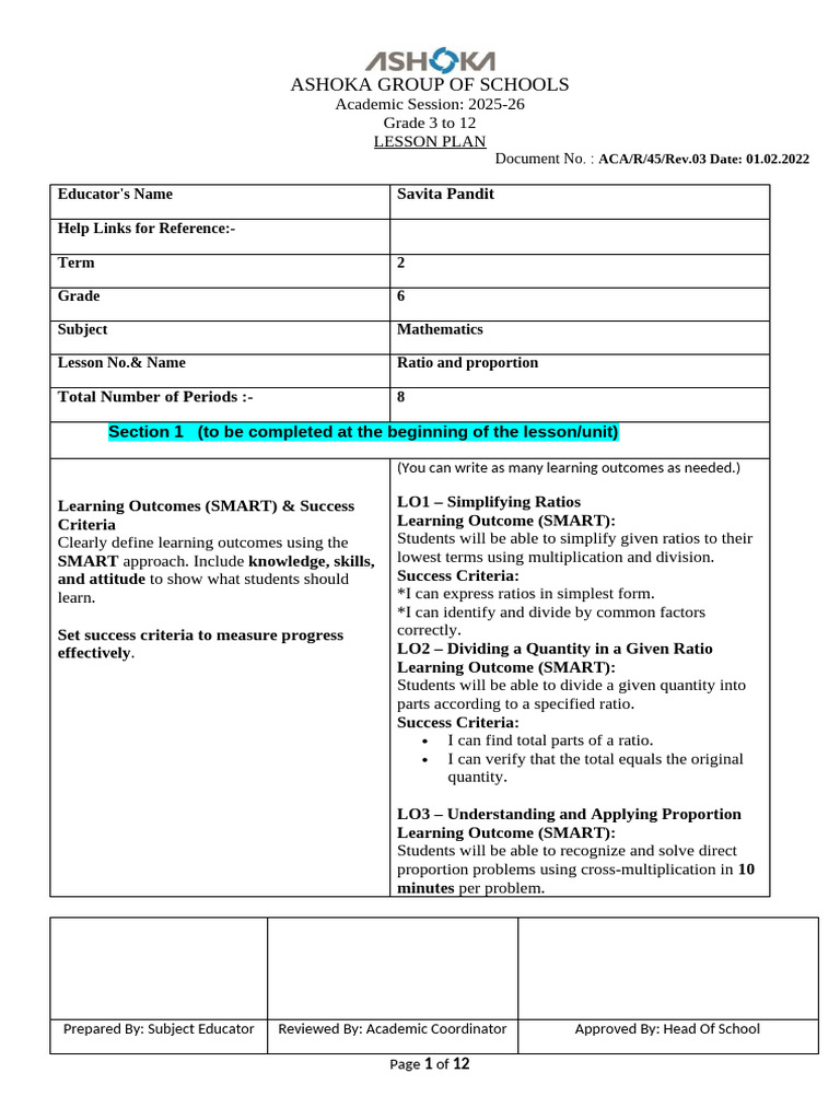 Grade 6 Math Lesson Plan: Ratios | PDF | Ratio | Lesson Plan