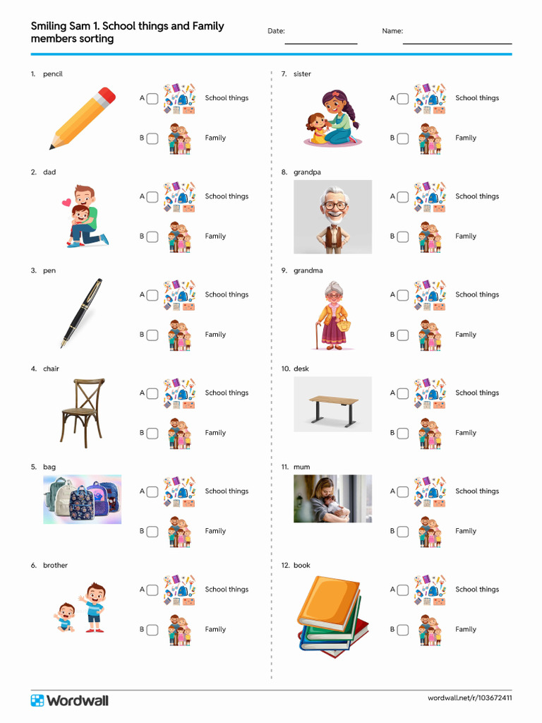 Smiling Sam 1 School Things and Family Members Sorting Quiz | PDF