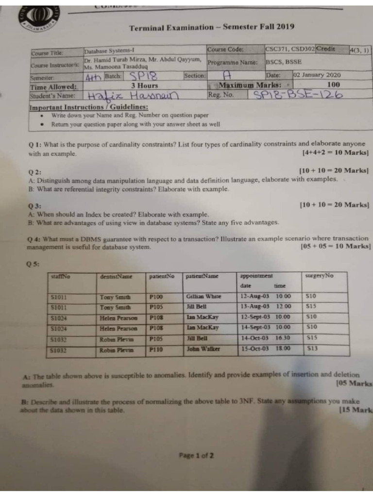 DB Terminal Past Papers (Sir Hamid) | PDF