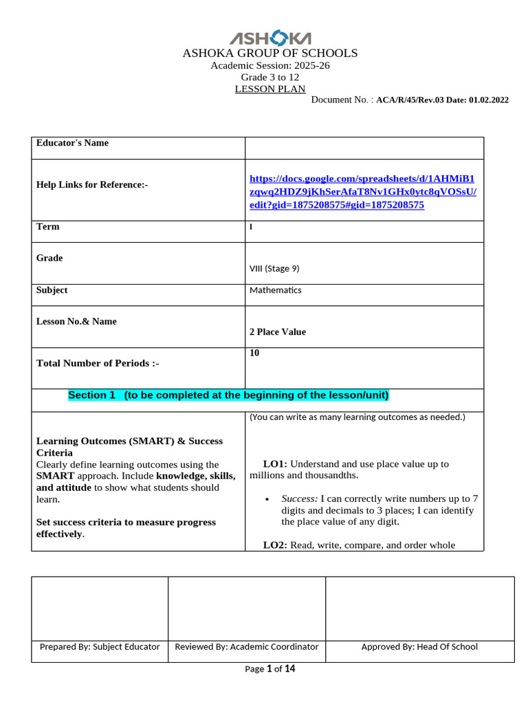 Grade 8 Mathematics Lesson Plan: Place Value | PDF | Learning | Lesson Plan