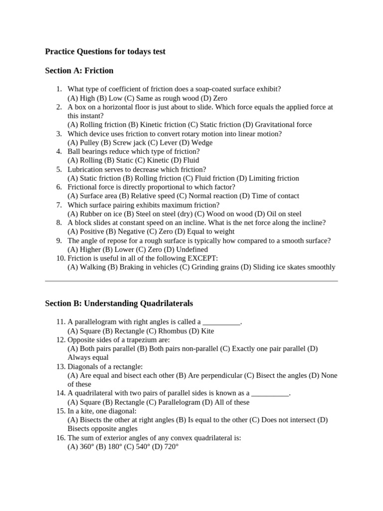 Practice Questions for Todays Test 81 | PDF | Friction | Rectangle