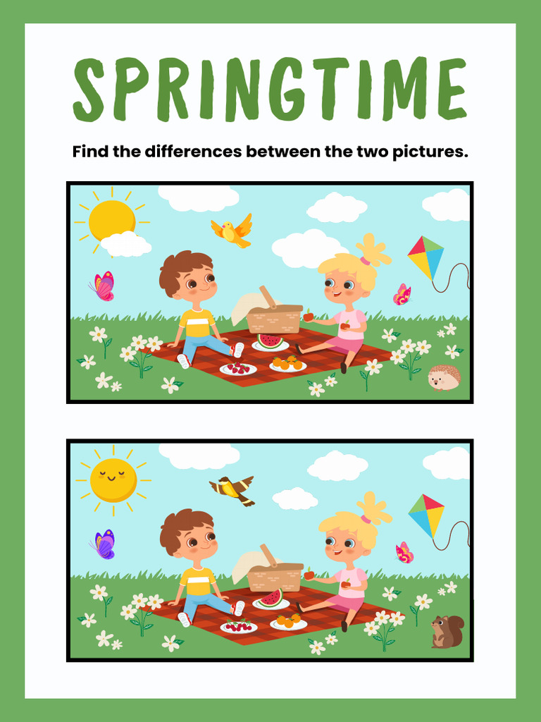 Spring Find the Differences Worksheet in Green Blue Simple Style | PDF